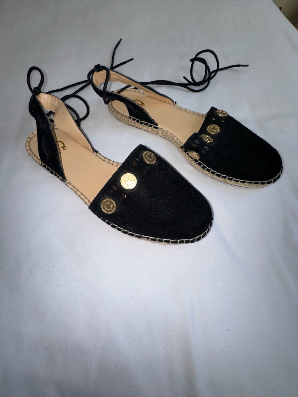 C. Wonder Black Espadrille Lace-Up Flats with Gold Buttons NWOB